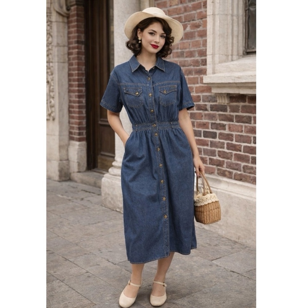 Harve Benard Indigo Denim Button-Front Maxi Dress
